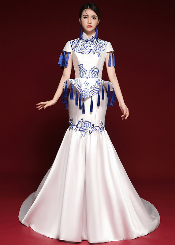 Blue and White Porcelain Tassel Embroidered Long Dress Short Sleeves