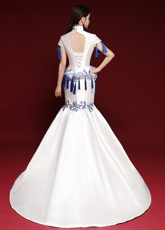 Blue and White Porcelain Tassel Embroidered Long Dress Short Sleeves