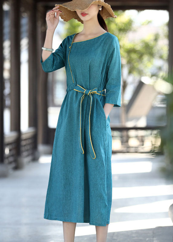 Blue Asymmetrical Patchwork Tie Waist Long Dress Half Sleeve
