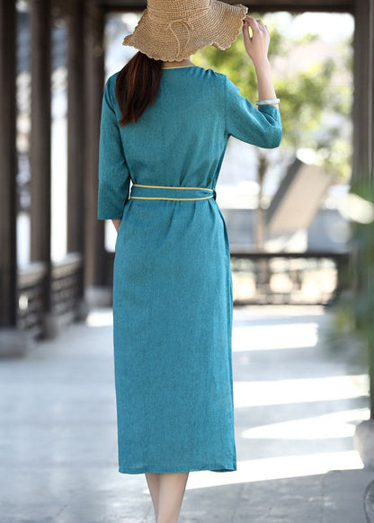 Blue Asymmetrical Patchwork Tie Waist Long Dress Half Sleeve