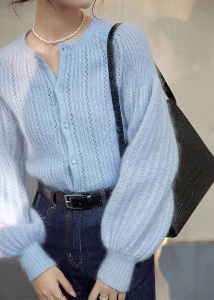 Blue Button Hollow Out Ma Hai Mao Sweaters Lantern Sleeve
