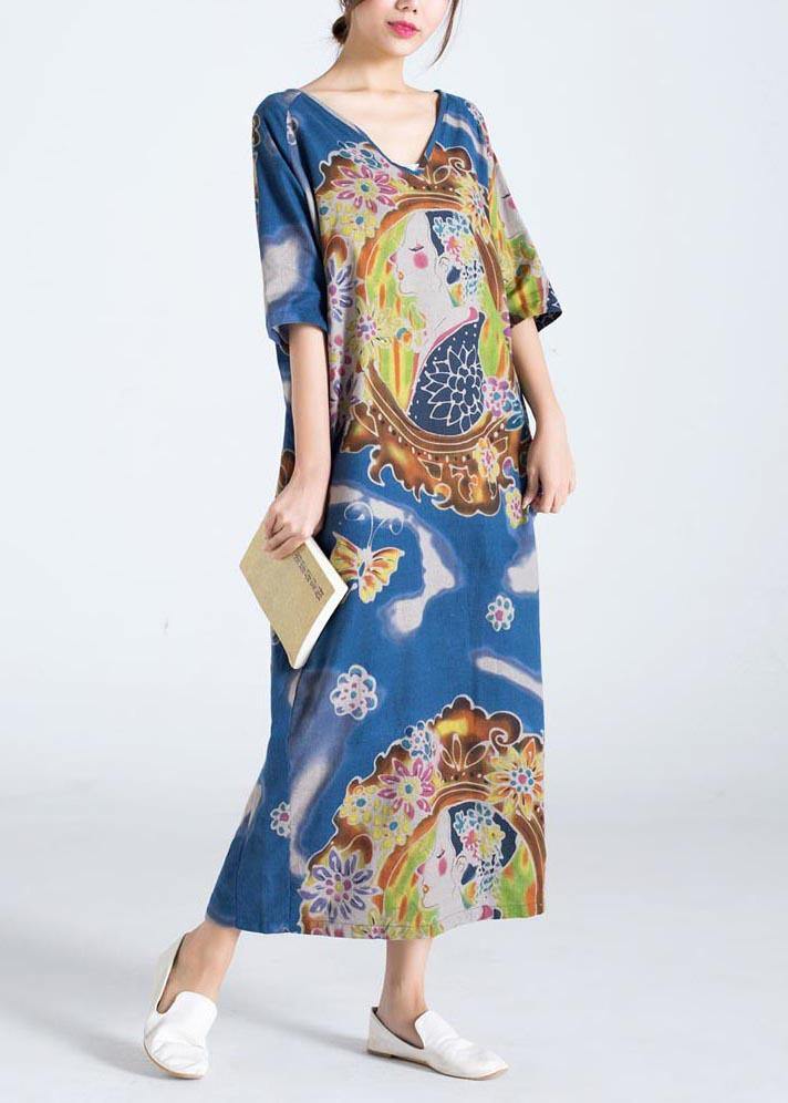 Blue Character Print Clothes O Neck Long Summer Dress