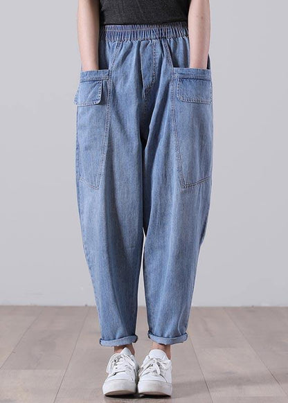 Blue Elastic Waist Pockets Harem Summer Cotton Pants