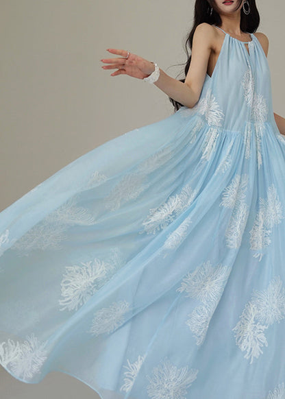 Blue Embroidered Patchwork Silk Maxi Dress Sleeveless