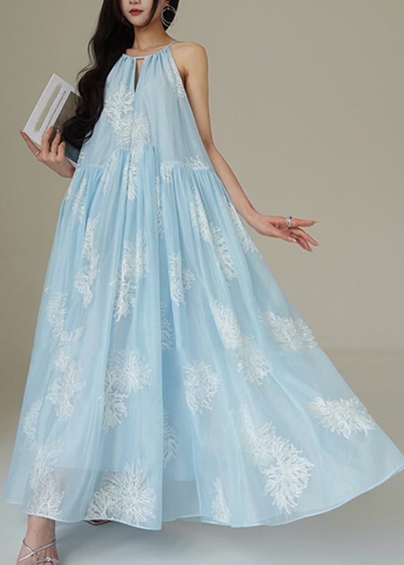 Blue Embroidered Patchwork Silk Maxi Dress Sleeveless