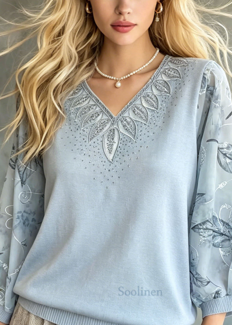 Blue Embroidered Zircon Knit Top Bracelet Sleeve