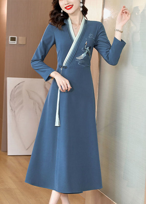 Blue Embroidered Button Long Dress Long Sleeve