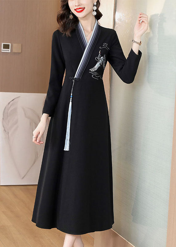 Blue Embroidered Button Long Dress Long Sleeve