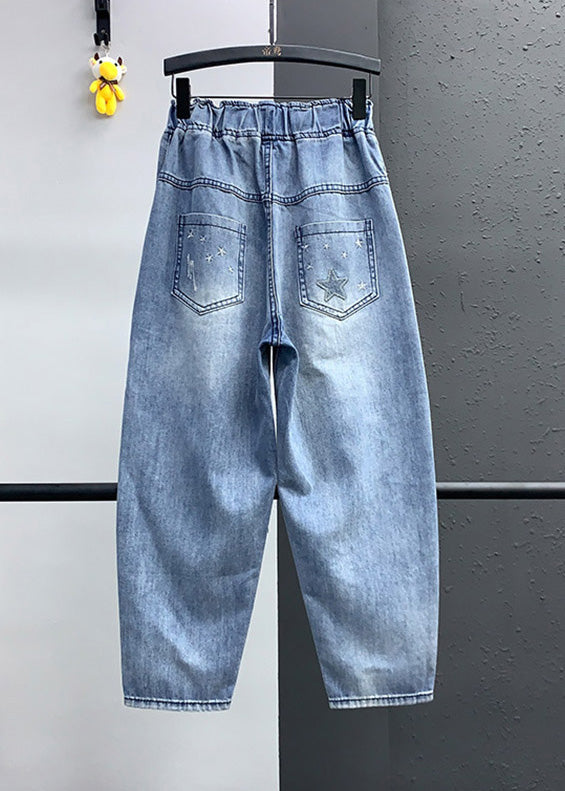 Blue Embroideried Pockets Elastic Waist Denim Crop Pants Summer