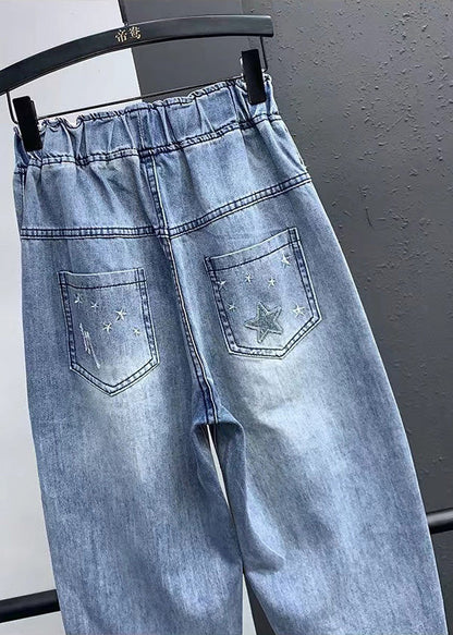 Blue Embroideried Pockets Elastic Waist Denim Crop Pants Summer