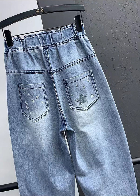 Blue Embroideried Pockets Elastic Waist Denim Crop Pants Summer