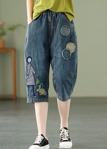 Blue Embroideried Print Elastic Waist Denim Crop Pants Summer