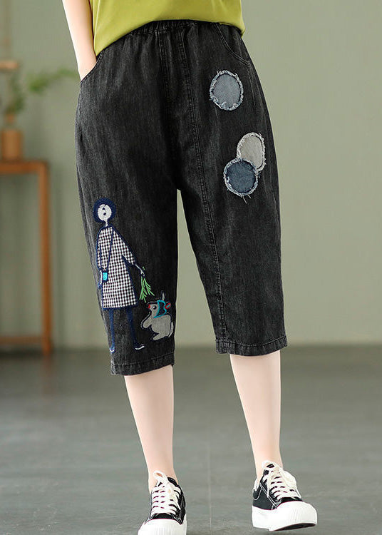 Blue Embroideried Print Elastic Waist Denim Crop Pants Summer