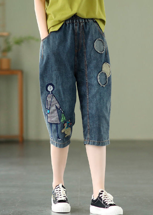 Blue Embroideried Print Elastic Waist Denim Crop Pants Summer