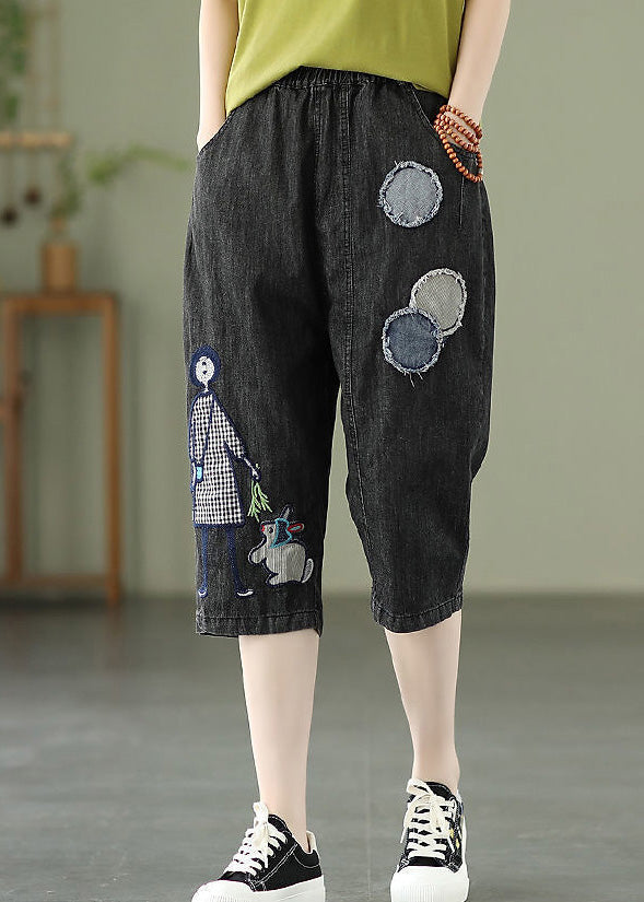 Blue Embroideried Print Elastic Waist Denim Crop Pants Summer