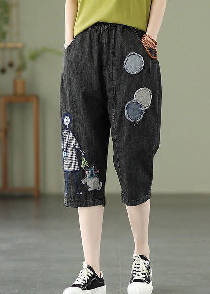 Blue Embroideried Print Elastic Waist Denim Crop Pants Summer