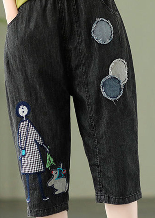 Blue Embroideried Print Elastic Waist Denim Crop Pants Summer
