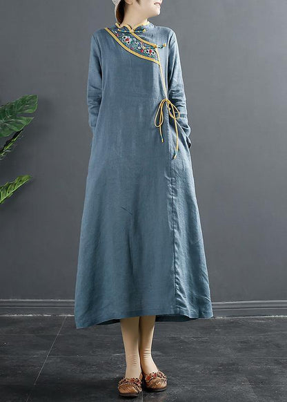 Blue Embroidery Tunic Stand Collar a Line Dress
