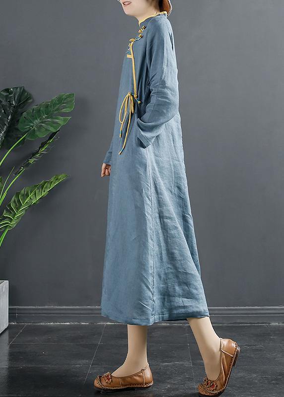 Blue Embroidery Tunic Stand Collar a Line Dress