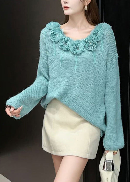Blue Zircon Patchwork Knit Sweaters Fall