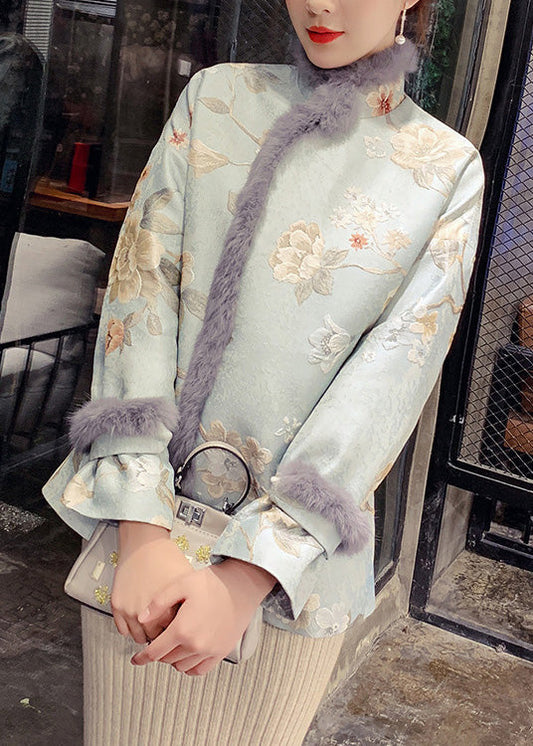 Blue Fur Collar Embroideried Warm Fleece Parka Winter