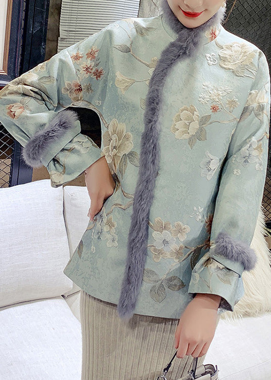 Blue Fur Collar Embroideried Warm Fleece Parka Winter