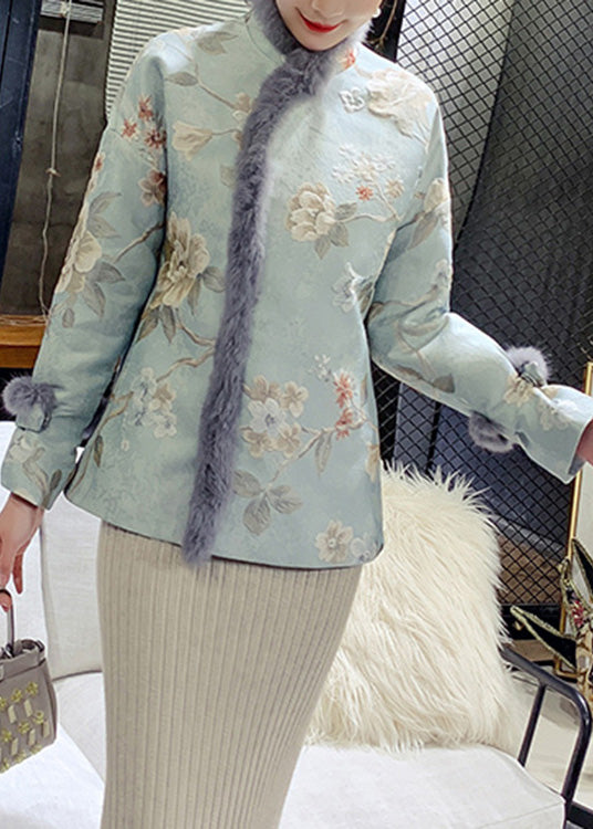 Blue Fur Collar Embroideried Warm Fleece Parka Winter
