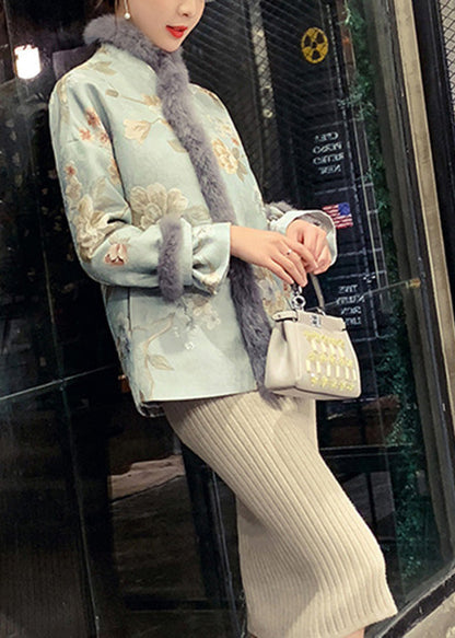 Blue Fur Collar Embroideried Warm Fleece Parka Winter