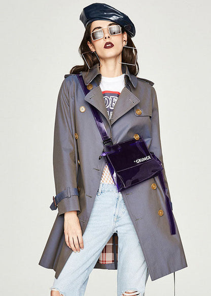 Blue Grey Peter Pan Collar Cotton Double Breast Trench Spring