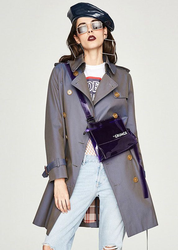Blue Grey Peter Pan Collar Cotton Double Breast Trench Spring