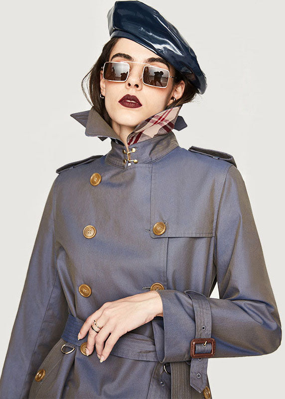 Blue Grey Peter Pan Collar Cotton Double Breast Trench Spring