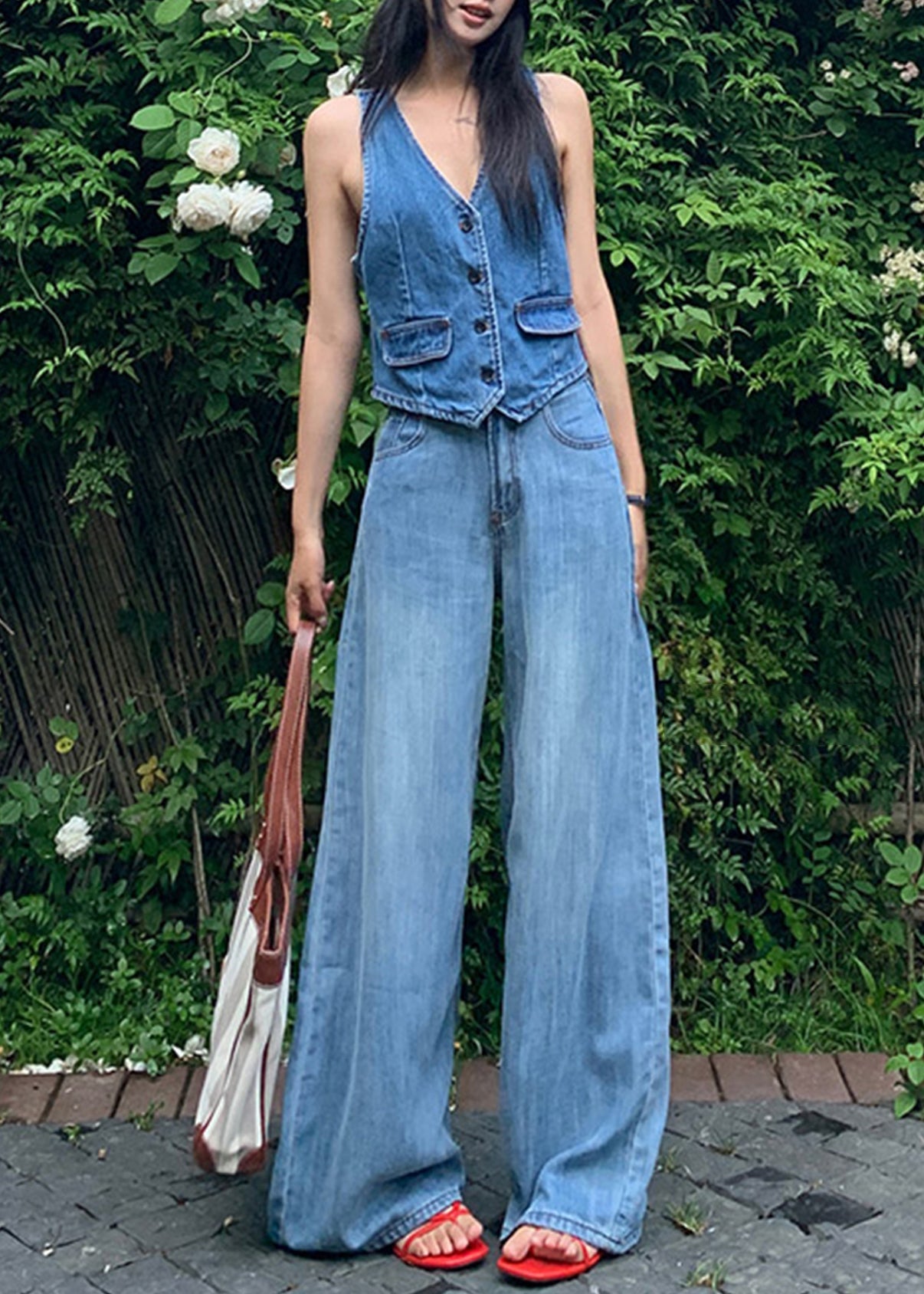 Blue High Waist Draping Denim Straight Pants Fall