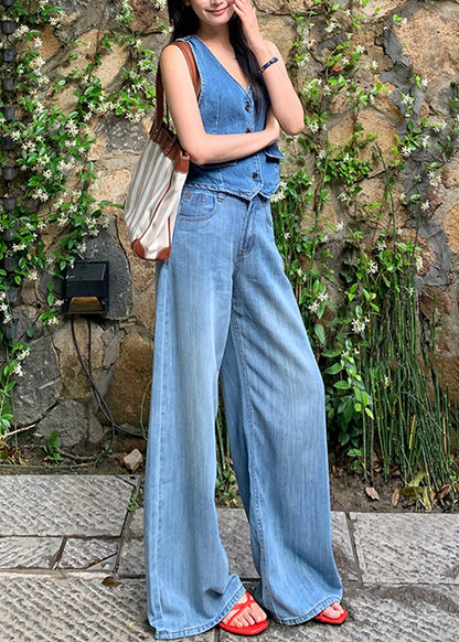 Blue High Waist Draping Denim Straight Pants Fall