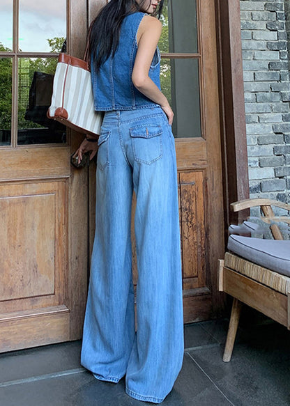 Blue High Waist Draping Denim Straight Pants Fall