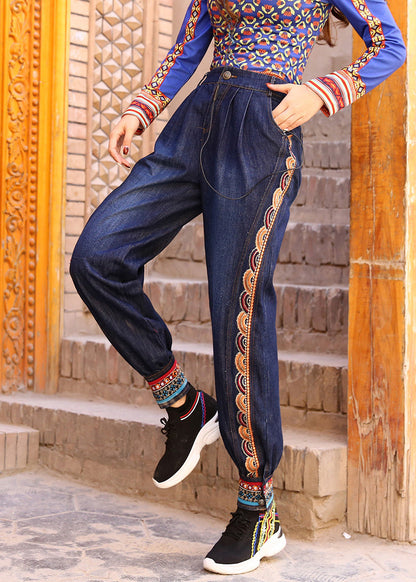 Blue High Waist Print Cotton Denim Beam Pants Spring