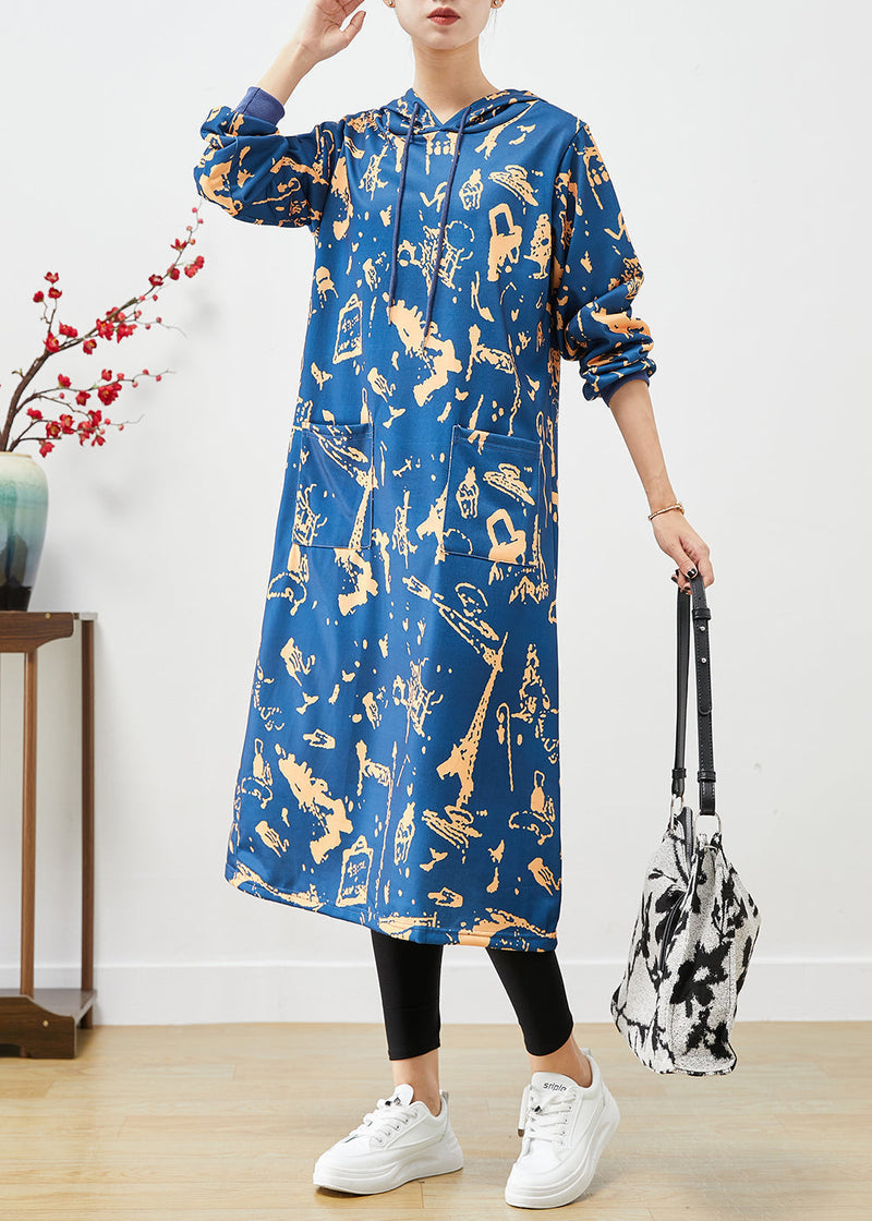 Blue Hooded Print Cotton Sweatshirts Dress Fall