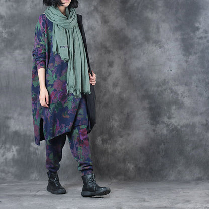 Blue Loose O-neck Side Open Fall Print Two Pieces Set Long Sleeve