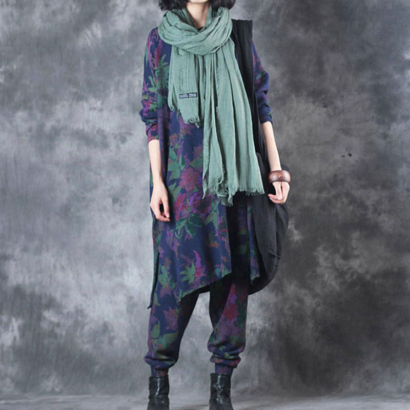Blue Loose O-neck Side Open Fall Print Two Pieces Set Long Sleeve