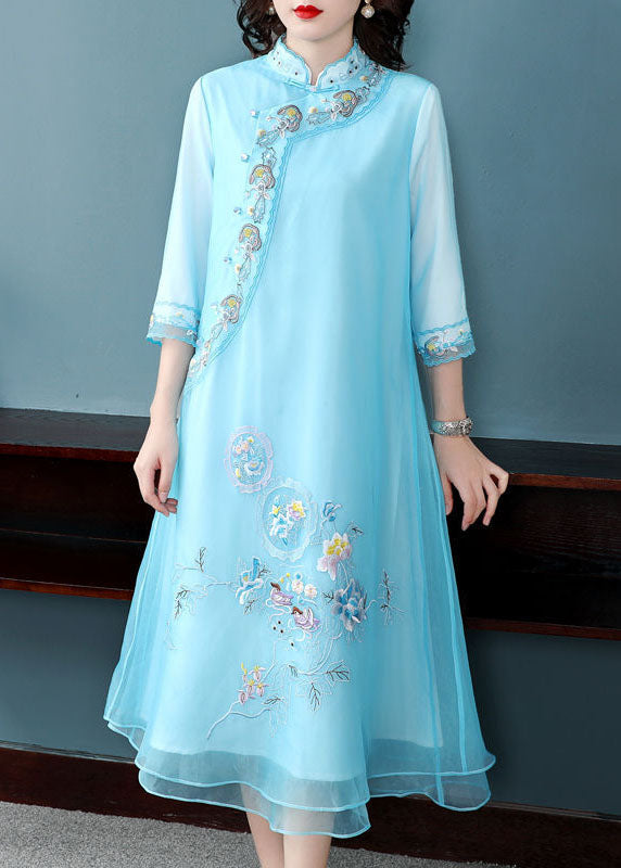 Blue Mandarin Collar Embroideried Chiffon a Line Dresses Bracelet Sleeve