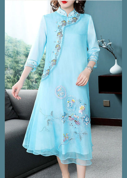 Blue Mandarin Collar Embroideried Chiffon a Line Dresses Bracelet Sleeve