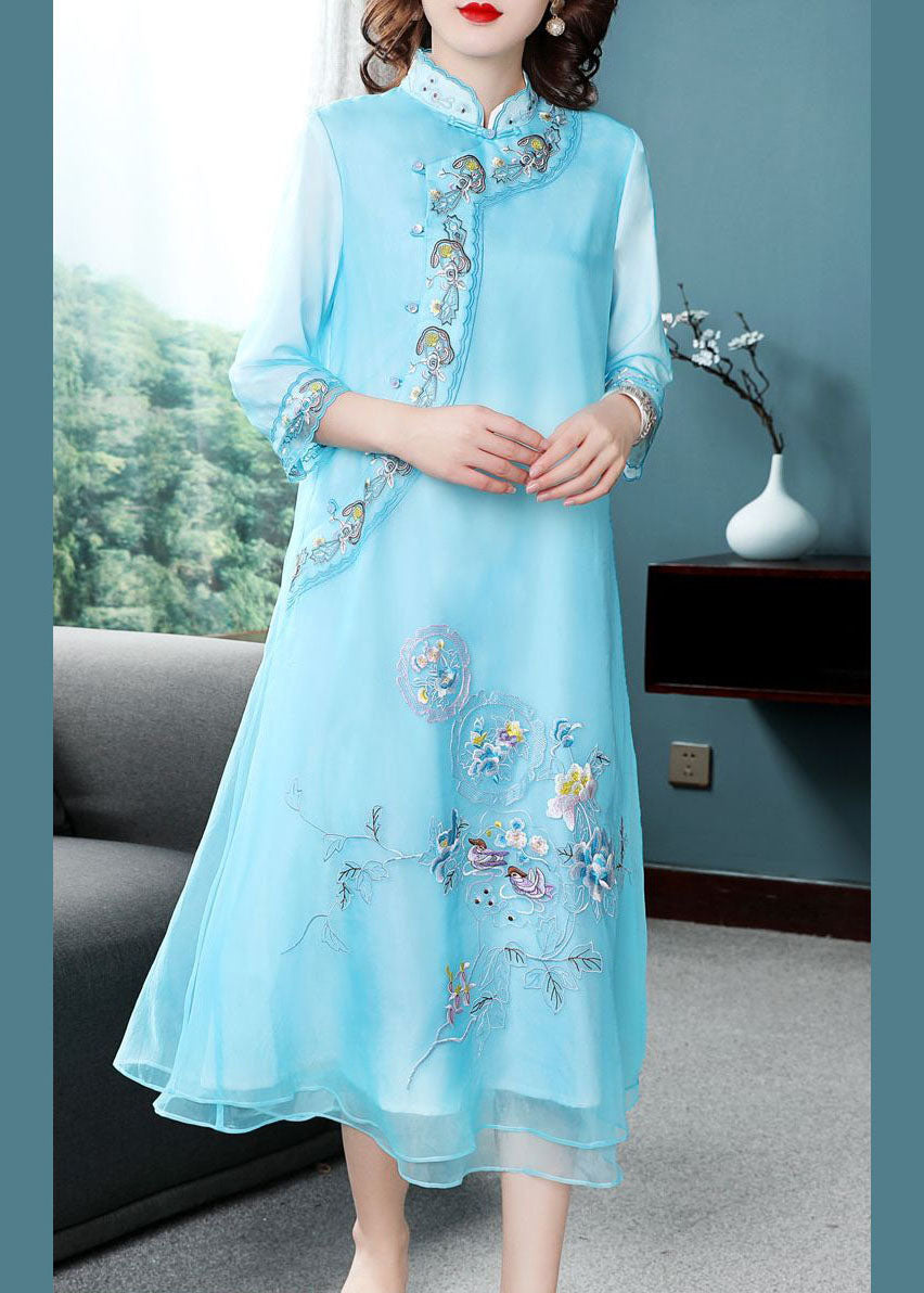 Blue Mandarin Collar Embroideried Chiffon a Line Dresses Bracelet Sleeve
