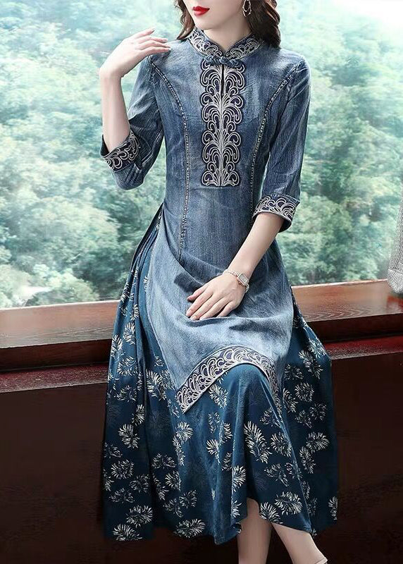 Blue Mandarin Collar Embroideried Patchwork Cotton Denim Fake Two Piece Dress Half Sleeve