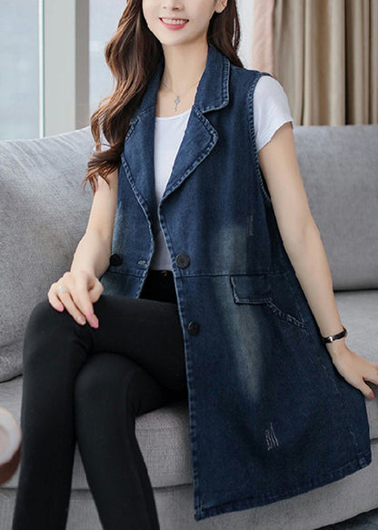 Blue Notched Patchwork Button Denim Waistcoat Fall