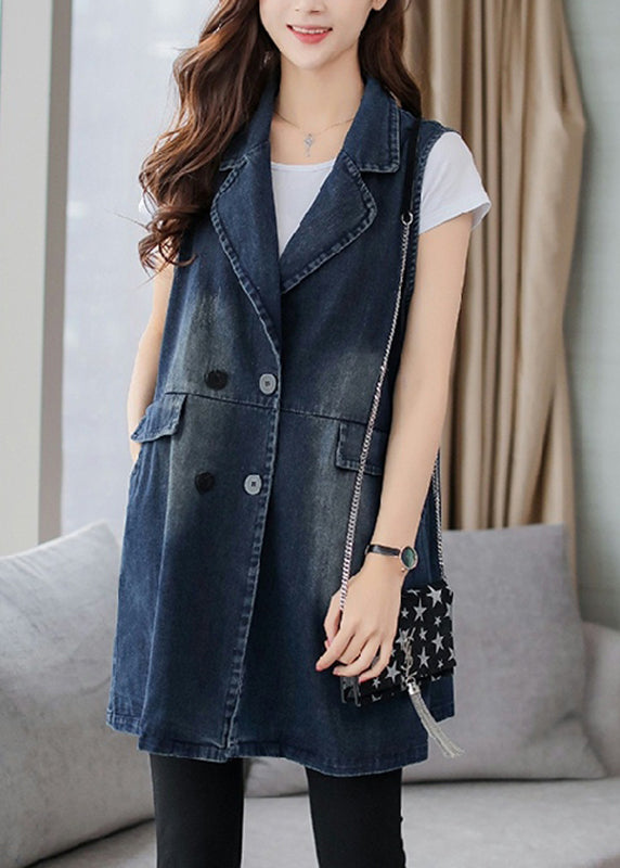 Blue Notched Patchwork Button Denim Waistcoat Fall