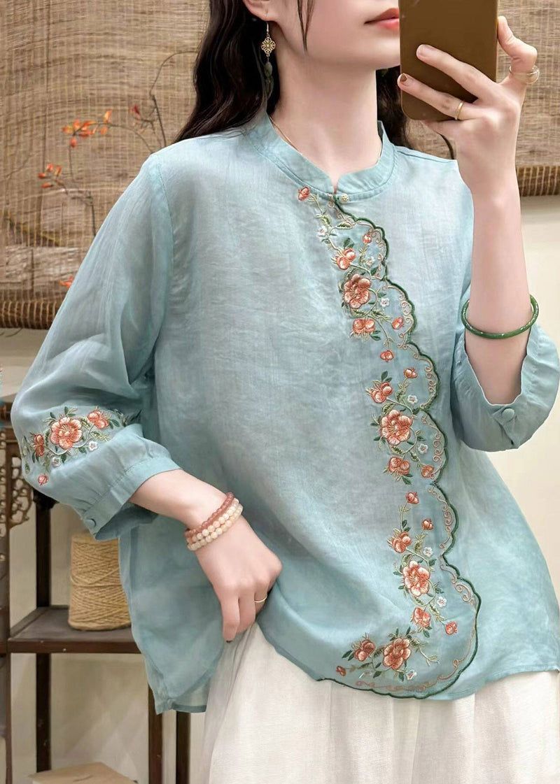 Blue O-neck Embroidered Linen Shirt Tops Three Quarter Sleeve