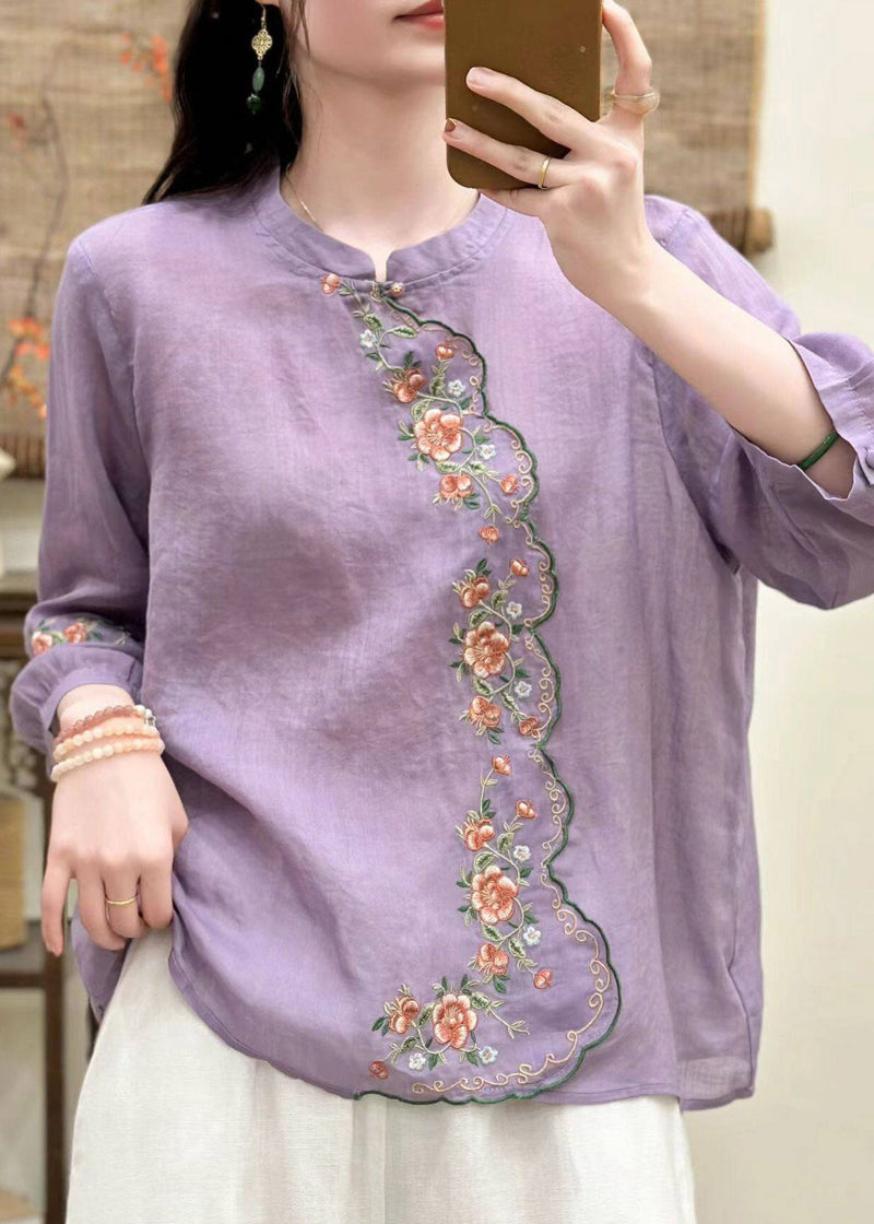 Blue O-neck Embroidered Linen Shirt Tops Three Quarter Sleeve