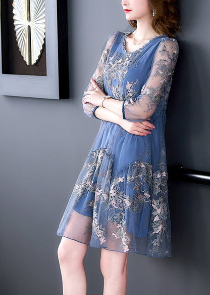 Blue O-neck Print Patchwork Tulle Vacation Dresses Half Sleeve