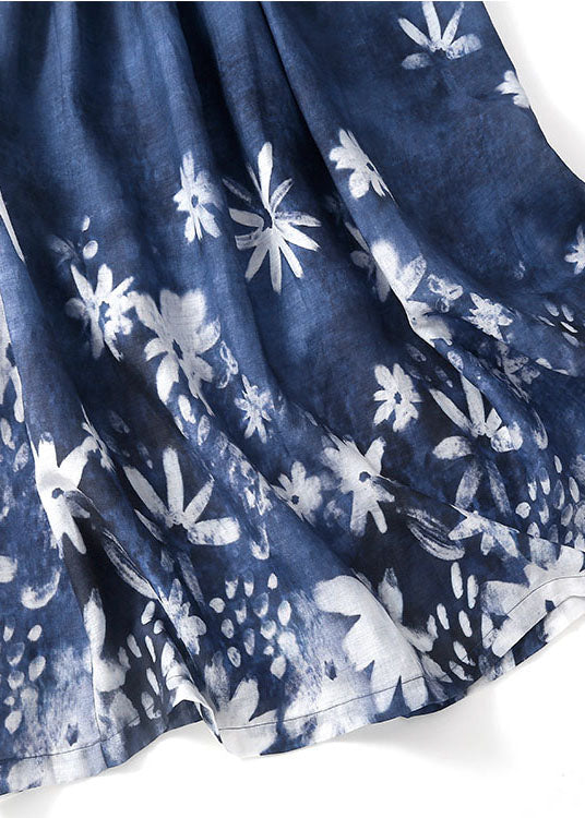 Blue O-neck Print Tie Waist Cotton Long Dresses Short Sleeve