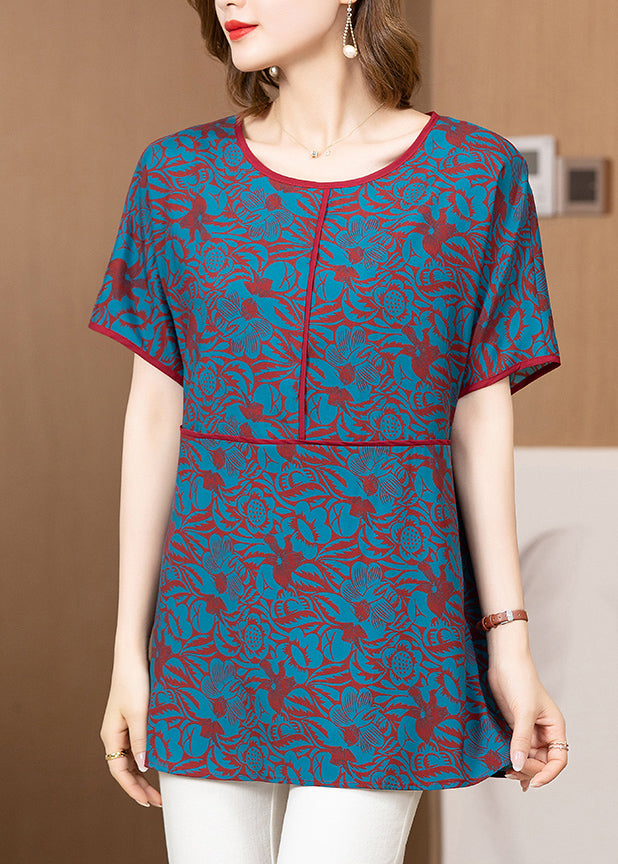 Blue O-neck Jacquard Silk Tank Tops Short Sleeve