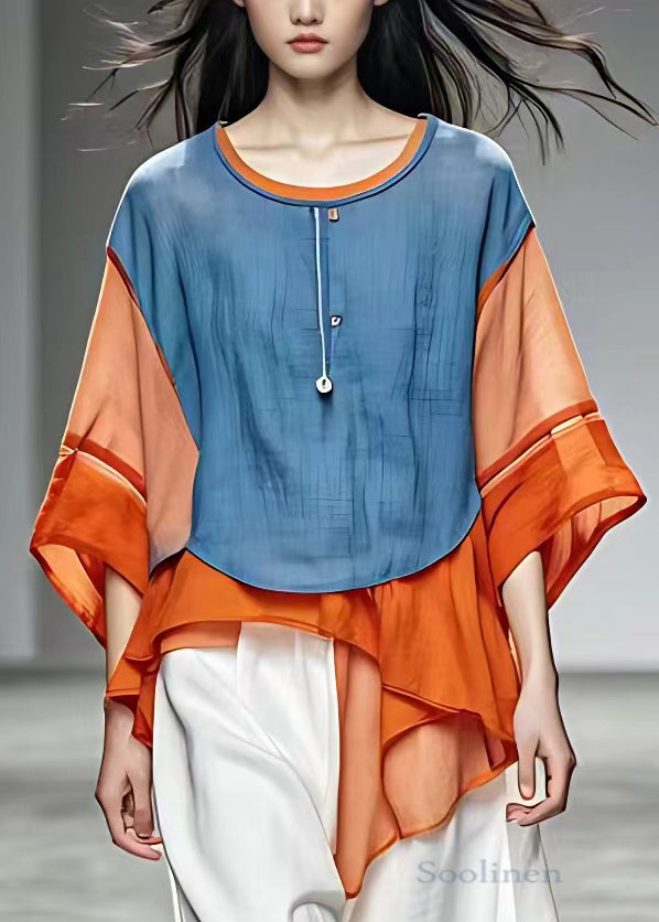 Blue O Neck Patchwork Cotton Top Bracelet Sleeve